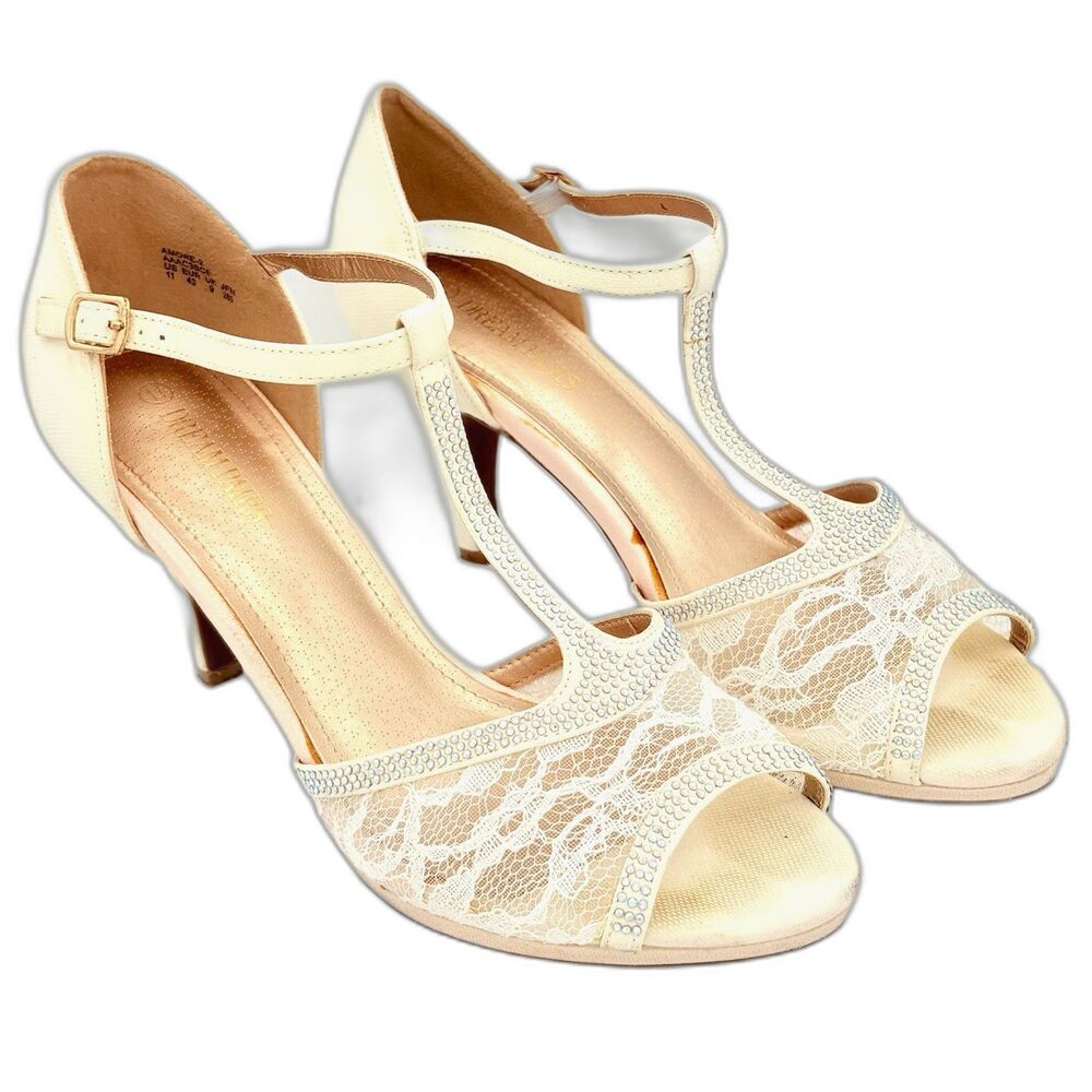Dream Pairs Amore-2 Ivory Stiletto Heel T-Strap Floral Lace Rhinestones Size 11